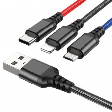 кабели HOCO HC-68636 X76/ USB кабель 3-in-1: Lightning+Micro+Type-C/ 1m/ 2A/ Black+Red+Blue