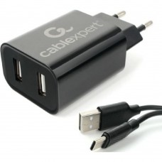 Аксессуар Cablexpert Адаптер питания USB 2 порта, 2.4A, черный + кабель 1м Type-C (MP3A-PC-37)