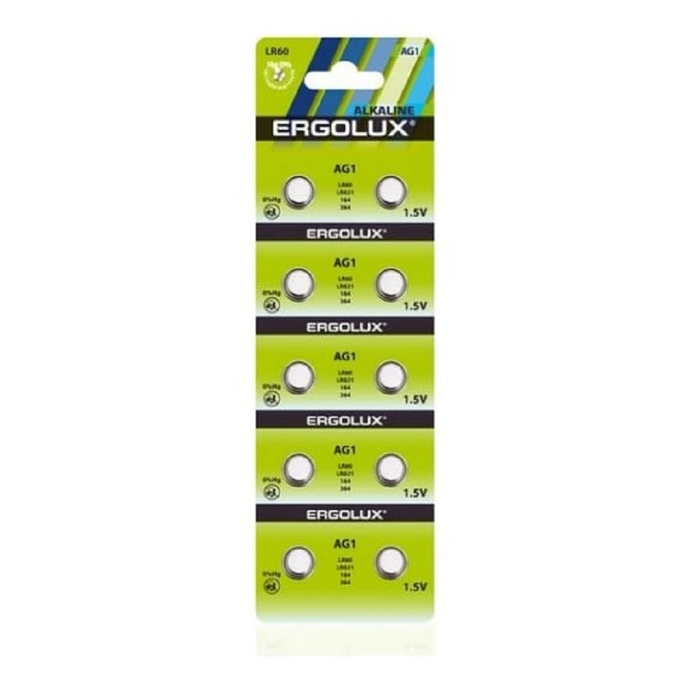 Батарейка Ergolux AG 1  BL-10 (AG1-BP10, LR60 /LR621 /164 /364 батарейка для часов)  (10 шт. в уп-ке)